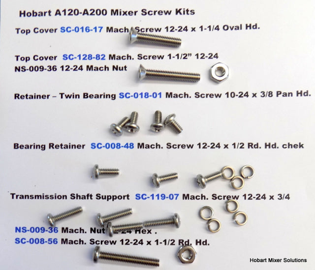 Top Cover, Bearing Retainer, Transmission Shaft Hardware Screw Kit for Hobart A120 & A200 Mixers.