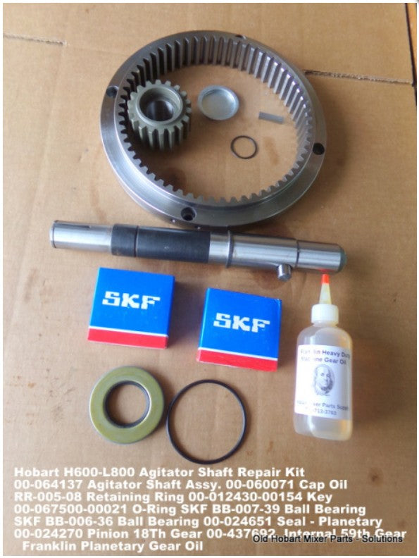 Hobart H600, L800 Agitator Beater Shaft Repair Kit with Pinion 18 Tooth Gear 00-437692, Internal 59 tooth Gear