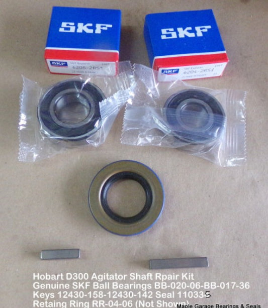 Hobart D300 Agitator Shaft Repair Kit with SKF Ball Bearings, BB-020-06 and BB-017-36, Keys 12430-158 and 12430-142, Oil Seal 110335 Retaining Ring RR-04-06